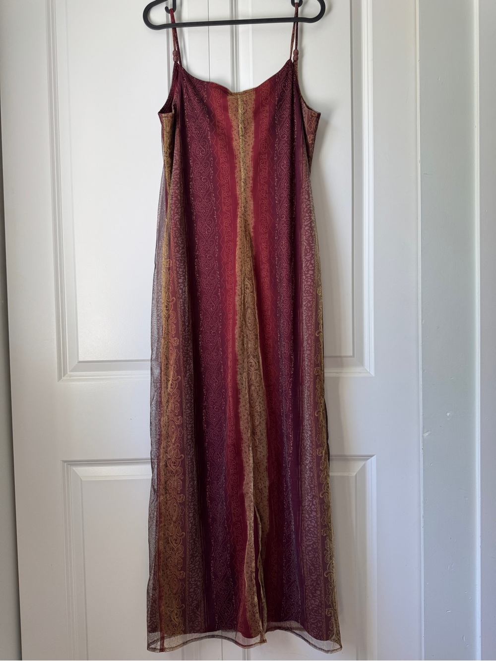 Vintage Y2K Boho Maxi Slip Dress Burgundy Gold Damask Scroll Stripe Mesh Size M - Picture 3 of 12